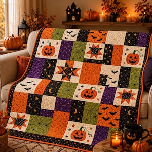 Può includere: Una trapunta patchwork con un motivo ripetuto di zucche arancioni, pipistrelli neri, ragnatele verdi e stelle geometriche su quadrati di tessuto nero, viola e arancione con piccoli motivi a forma di stella e luna crescente.