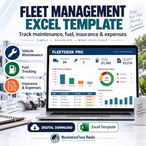 Puede incluir: Una pantalla de portátil muestra un panel de control de plantilla de Excel para gestión de flotas titulado FLEETDESK PRO. La interfaz presenta datos de mantenimiento, combustible y gastos con gráficos, tablas e iconos.