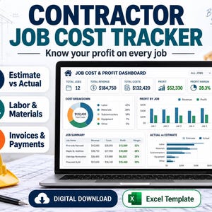 May include: A digital Contractor Job Cost Tracker Excel template displayed on a laptop screen. The dashboard features a Job Cost & Profit header, charts, and tables showing revenue, costs, and profit margins. Text includes Estimate vs Actual, Labor & Materials, and Invoices & Payments.