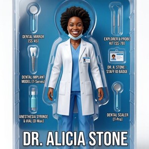 Puede incluir: Una figura de acción de la Dra. Alicia Stone con uniforme azul y bata blanca, empaquetada con un espejo dental, kit de explorador y sonda, modelo de implante, jeringa de anestesia, placa de identificación y escalador dental sobre fondo azul.