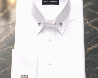 Men's White Egyptian Cotton Pin Collar French Cuff Dress Shirt