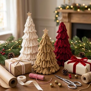 May include: Three cone-shaped Christmas trees made of textured knit yarn in cream, tan, and deep red, each topped with a small wooden star. The trees are arranged on a wooden surface alongside wrapped gift boxes, twine, and metal scissors.