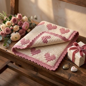 Può includere: Una coperta all'uncinetto color crema con un motivo ripetuto di cuori rosa e un bordo smerlato rosa. La coperta è piegata e mostrata accanto a un bouquet di rose rosa e bianche, una scatola regalo con nastro rosa e un piccolo ciondolo a forma di cuore.