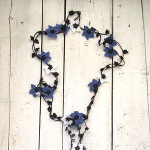 Oya Beaded Necklace, Crochet Lariat Necklace, Blue White Flowers Black Leaves Natural Stones Crochet Jewelry Beadwork