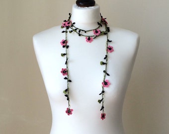 Long Crochet Necklace, Pink Blossom Necklace, Floral Wrap Necklace, Oya Beaded Lariat, Flowers Jewelry, Women Anniversary Gift