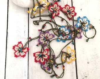 Crochet Flower Necklace: Boho Beaded Lariat, Turkish Oya Style