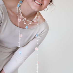 Beaded Crochet Necklace, Turkish Oya Lariat, Boho Flower Necklace, Bridal Floral Wrap, Pastel Bellflower Jewelry, Bestfriend Birthday Gift image 1