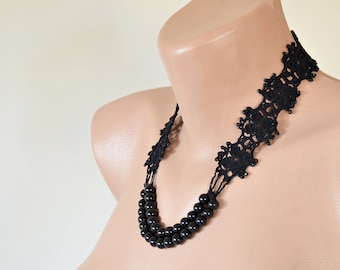 Black Crochet Lace Necklace, Beaded Choker, Boho Collar