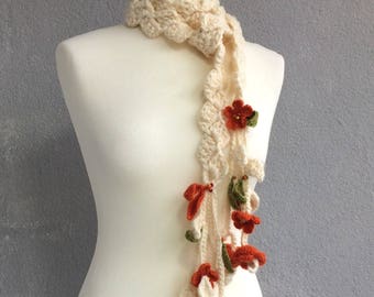 Chunky Long Crochet Flower Scarf, Boho Fringed Wrap, Ivory Skinny Scarf, Women Floral Foulard, Knit Accessory Lariat,  Women Gift