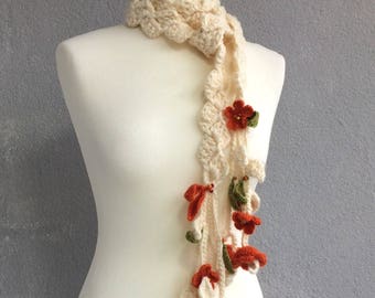 Chunky Long Crochet Flower Scarf, Boho Fringed Wrap, Ivory Skinny Accessory, Women Floral Lariat