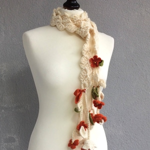 Chunky Long Crochet Flower Scarf, Boho Fringed Wrap, Ivory Skinny Scarf, Women Floral Foulard, Knit Accessory Lariat,  Women Gift