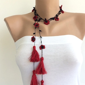 Red Tassel Boho Wrap Necklace, Crochet Oya Beaded Lariat, Gift For Her, Jewelry Gift, Crochet Jewelry, Boho Fringed Wrap