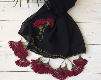 Oya Crochet Scarf, Turkish Jewelry Scarf, Fringed Black Scarf, Spring Wrap Scarf, Boho Carnation Scarf, Oya Foulard, Flower Accessory