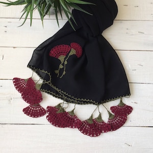 Oya Crochet Scarf, Turkish Jewelry Scarf, Fringed Black Scarf, Spring Wrap Scarf, Boho Carnation Scarf, Oya Foulard, Flower Accessory
