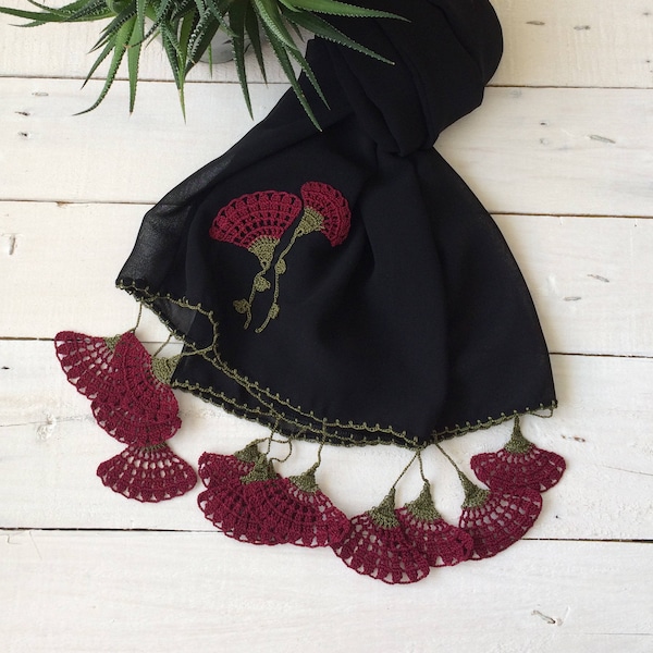 Oya Crochet Scarf, Turkish Jewelry Scarf, Fringed Black Scarf, Spring Wrap Scarf, Boho Carnation Scarf, Oya Foulard, Flower Accessory