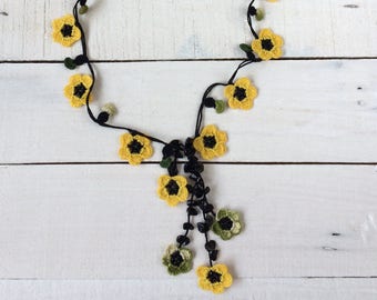 Wildflower Beaded Crochet Necklace, Yellow Spring Lariat, Women Festival Gift, Crochet Jewelry, Boho Anniversary Gift