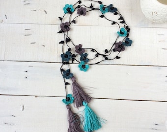 Tassel Boho Crochet Necklace, Hippy Wrap Long Lariat, Turquoise Crochet Jewelry
