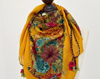 Boho Floral Cotton Scarf: Crochet Flower Shawl with Beaded Details