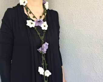 Floral Crochet Scarf, Purple Lily Beaded Wrap Lariat, Boho Skinny Scarf, Women Garland Necklace, BCrochet Knit Accessory, Birthday Gift