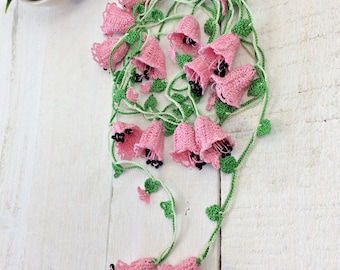 Long Dangle Necklace, Pink Bell Flowers Lariat, Christmas Gift, Boho Crochet Necklace, Oya Wrap Necklace, Beaded Lariat, Crochet Jewelry