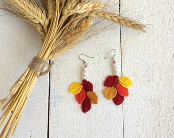 Autumn Leaves Crochet Earrings, Fall Leaves Dangle Earrings, Birthday Gift, Boho Oya Leaf Earring, Pearl Jewelry, Anniversary Gift