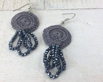 Crochet Crystal Earrings, Statement Lace Earrings, Boho Dangle Earrings, Shimmery Gray Bridal Earrings, Geometric Beaded Jewelry
