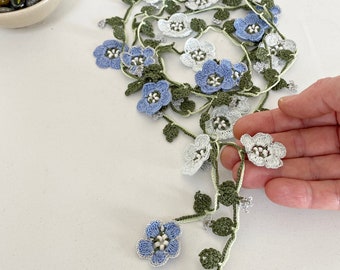 Micro Crochet Flower Necklace, Bridal Beaded Lariat, Forget Me Not Long Jewelry