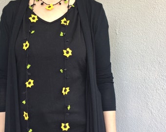 Sunflower Long Crochet Necklace, Beaded Flower Turkish Oya Necklace, Yellow Floral Boho Lariat, Women Floral Jewelry, Gift for Her