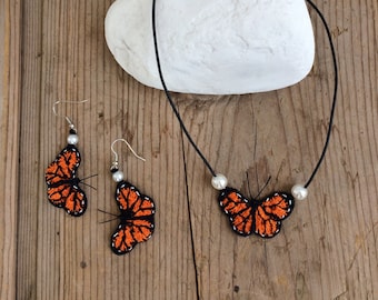Crochet Monarch Butterfly Jewelry Set: Dangle Earrings & Choker