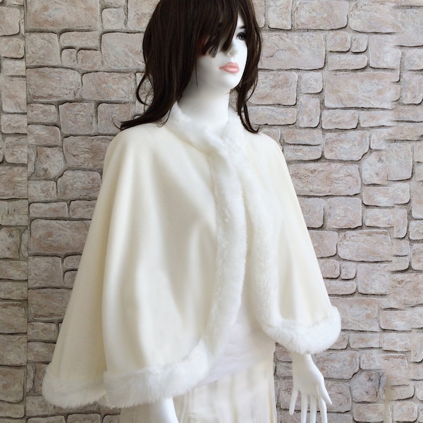 Ivory Fur Bridal Cape, Faux Fur Wedding Cape, Winter Bride Cover Up, Fleece Cloak, Women Bolero, Bridesmaid Pelerine