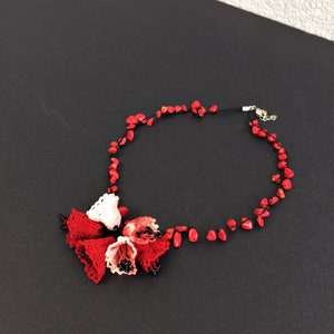Bellflower Crochet Necklace, Boho Cluster Ombre Pendant, Turkish Oya Beaded Collar, Red Bouquet Japanese Jewelry, Christmas Gift