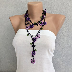 Beaded Crochet Necklace, Purple Flower Long Lariat, Turkish Oya Floral Necklace, Women Jewelry image 2