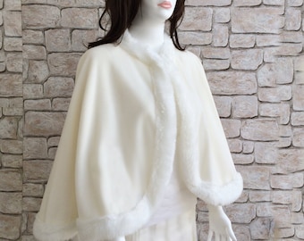 Ivory Fur Bridal Cape, Faux Fur Wedding Cape, Winter Bride Cover Up, Fleece Cloak, Women Bolero, Bridesmaid Pelerine