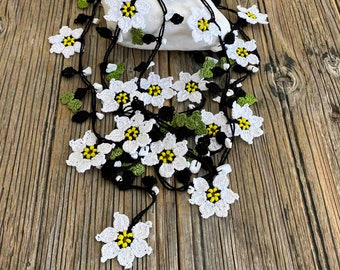 Daisy Crochet Necklace, Marguerite Beaded Handicraft, Boho Long Chamomile Lariat, Wild Flower Spring Headband, Crochet Turkish Jewelry