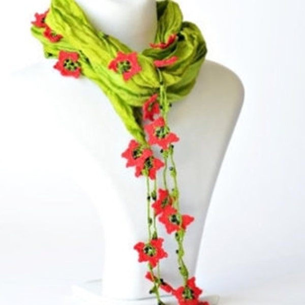 Silk Wrap Scarf, Green Silk Necklace, Red Crochet Skinny Foulard, Oya Beaded Wrap Necklace, Jewelry Scarf, Crochet Jewelry, Christmas Gift