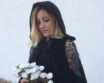 Off The Shoulder Hooded Bridal Cape, Black Lace Wedding Gothic Bolero, Evening Costume Shrug , Bridal Short Capelet