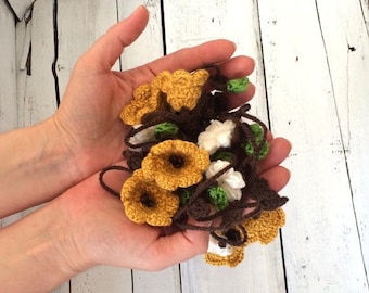 Mustard Crochet Scarf, Wool Flower Necklace, Handmade Home Decor, Wrap Skinny Scarf, Boho Beaded Lariat, Floral Crochet Accessory