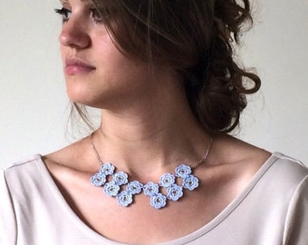 Crochet Flower Bib Necklace, Boho Beaded Collar, Crochet Jewelry, Birthday Gift, Geometric Choker, Unique Women Collar