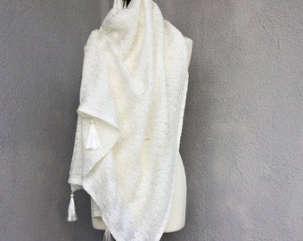 Winter Bridal Shawl, Wedding Oversize Wrap, Sequined Bridal Coverup, Ivory Textured Scarf, Women Tassel Stole, Bridesmaid Christmas Gift