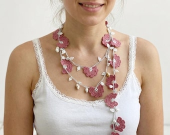 Crochet Flower Necklace, Blush Pink Beaded Oya Wrap, Boho Lariat