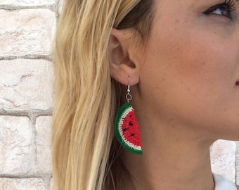 Watermelon Earrings, Fruit Earrings, Crochet Jewelry, Birthday Gift, Boho Oya Earrings, Women&#39;s Gift, Bridal Shower, Summer Accessory