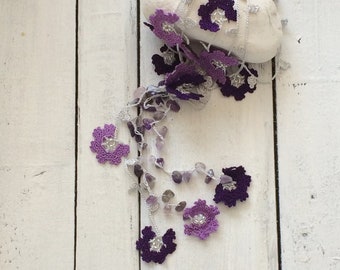 Violet Crochet Flower Lariat Necklace, Boho Beaded Oya Floral Collar, Crochet Jewelry