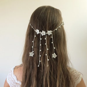 Bridal Boho Hair Jewelry, Wedding Crochet Tiara, Ivory Flowers Headpiece, Pearls Beaded Crown, Bridesmaid Hairpiece, Bridal Shower Gift