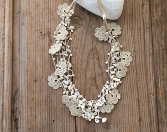 Oya Crochet Necklace, Multistrand Cotton Statement Collar, Boho Jewelry