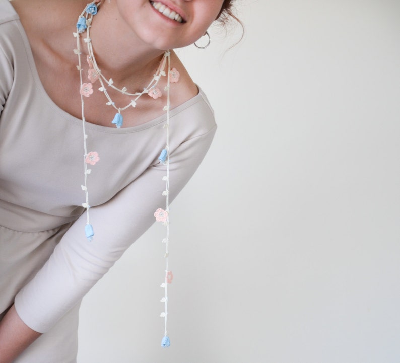Beaded Crochet Necklace, Turkish Oya Lariat, Boho Flower Necklace, Bridal Floral Wrap, Pastel Bellflower Jewelry, Bestfriend Birthday Gift image 1