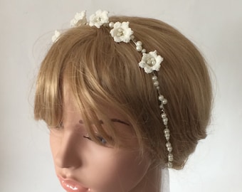 Bridal Crochet Flowers Headband, Pearls Crystal Headpiece, Wedding Ivory Floral Hairpiece