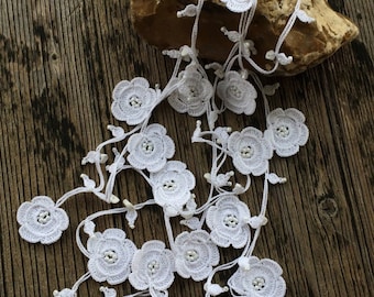 White Crochet Flower Necklace, Beaded Lariat Wrap, Handmade Cotton Jewelry