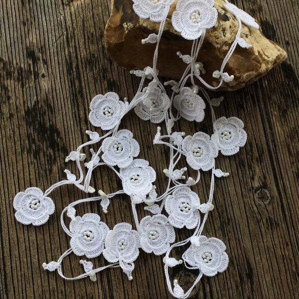 White Crochet Necklace, Handcrafted Long Necklace, Poppy Flowers Wrap, Oya Beaded Lariat, Beadwork Crochet Jewelry, Women Anniversary Gift