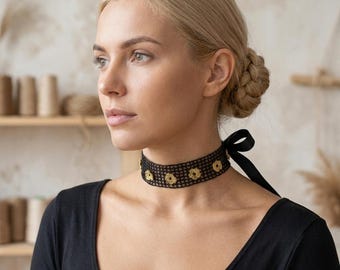 Wide Crochet Choker Necklace, Golden Floral Steampunk Collar