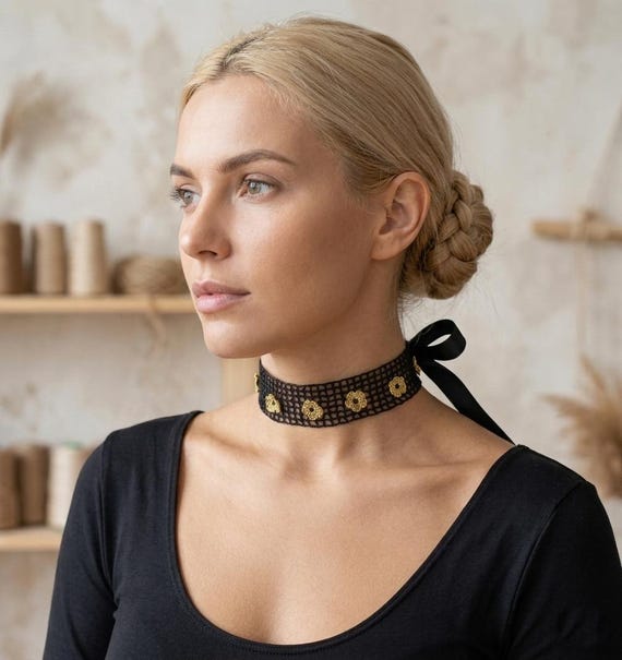 Wide Crochet Choker Necklace, Golden Floral Steampunk Collar